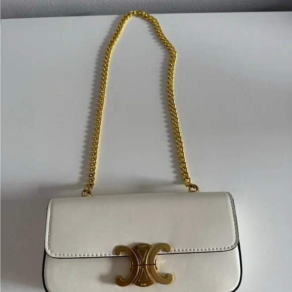 White Leather Bag with Gold Chain - Picture 1 of 4